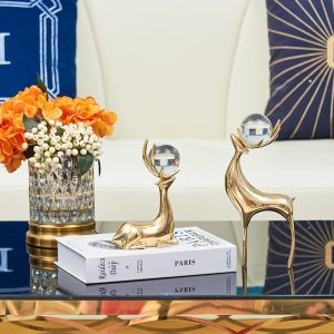 Đồ để bàn cặp hươu đồng gắn quả cầu pha lê CD526